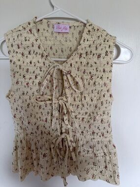 Pink Lily Cream Floral Smocked Tank with Tie Detail